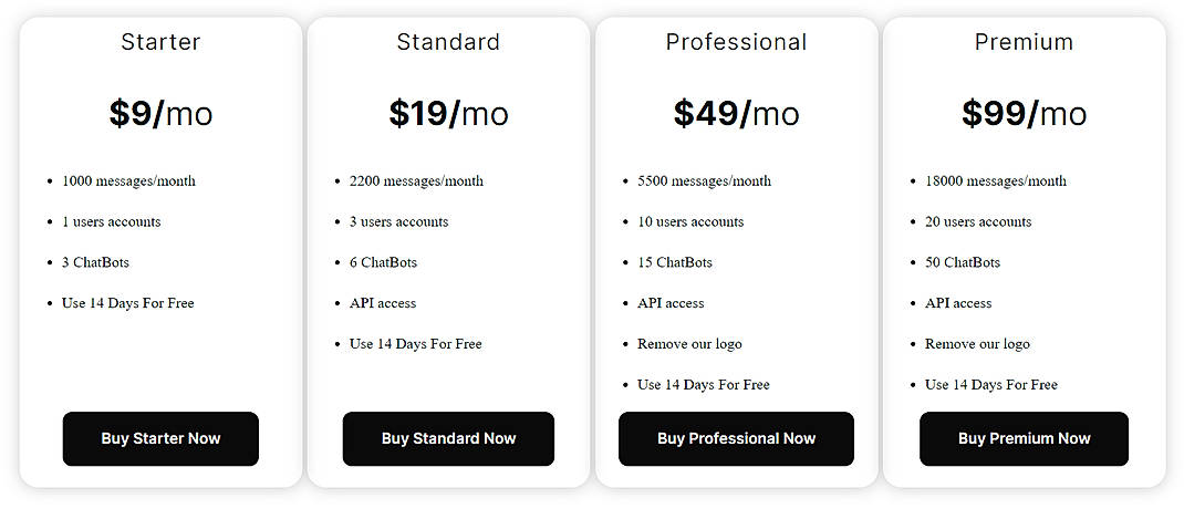 Pricing screenshot
