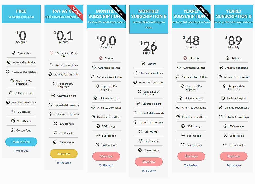 Pricing screenshot