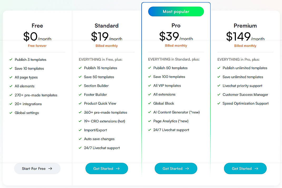 Pricing screenshot