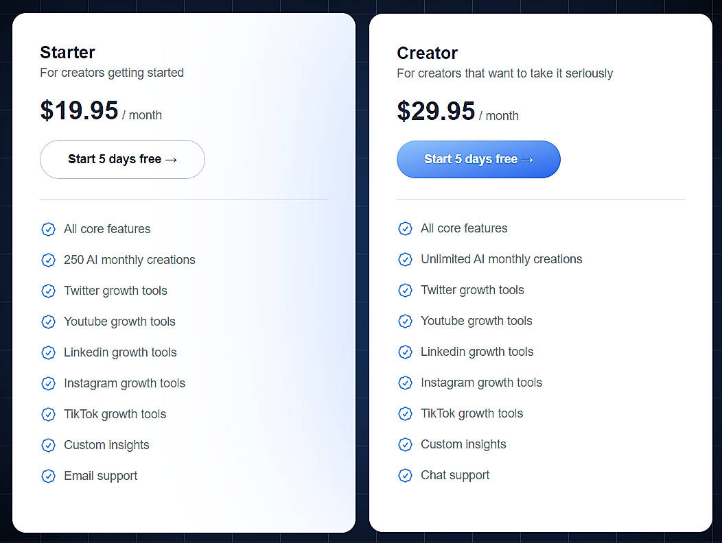 Pricing screenshot