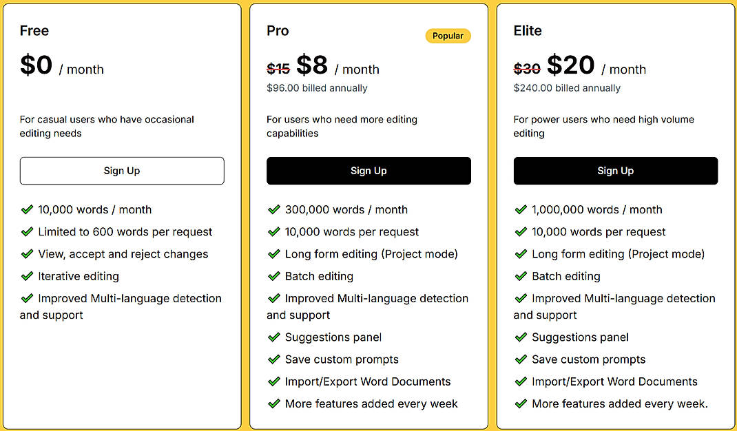 Pricing screenshot