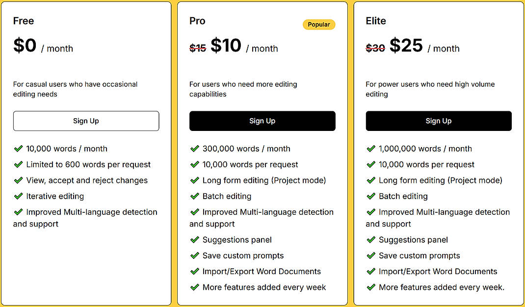 Pricing screenshot