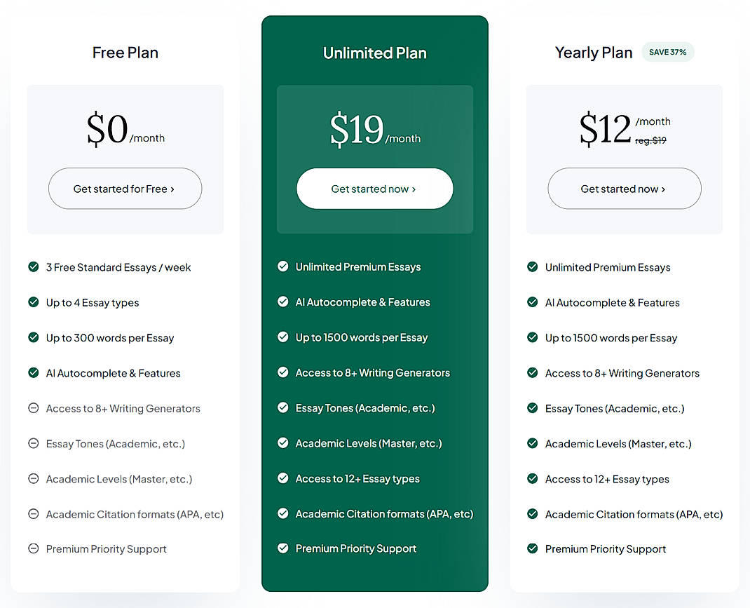 Pricing screenshot