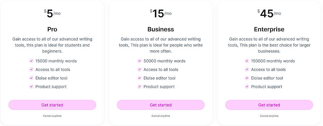 Pricing screenshot