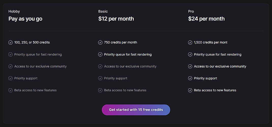 Pricing screenshot