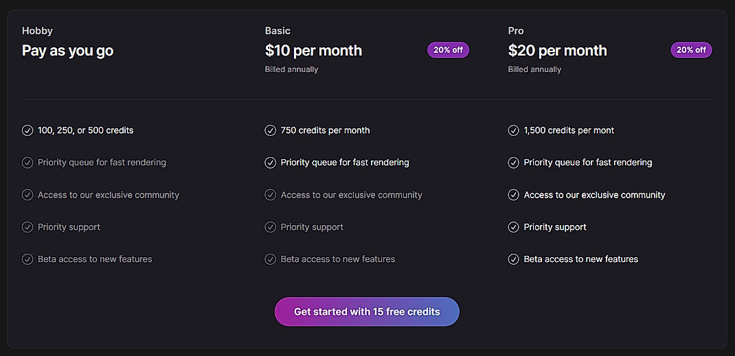 Pricing screenshot