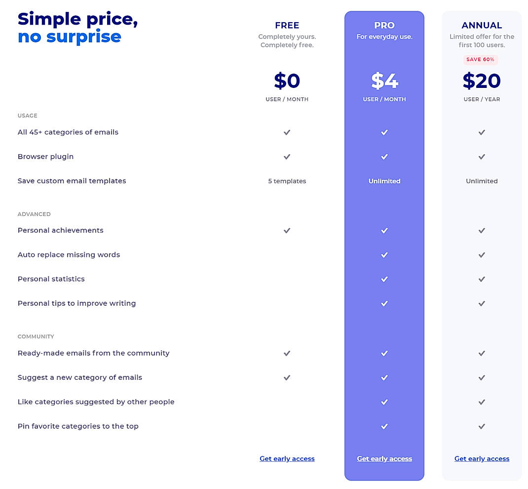 Pricing screenshot