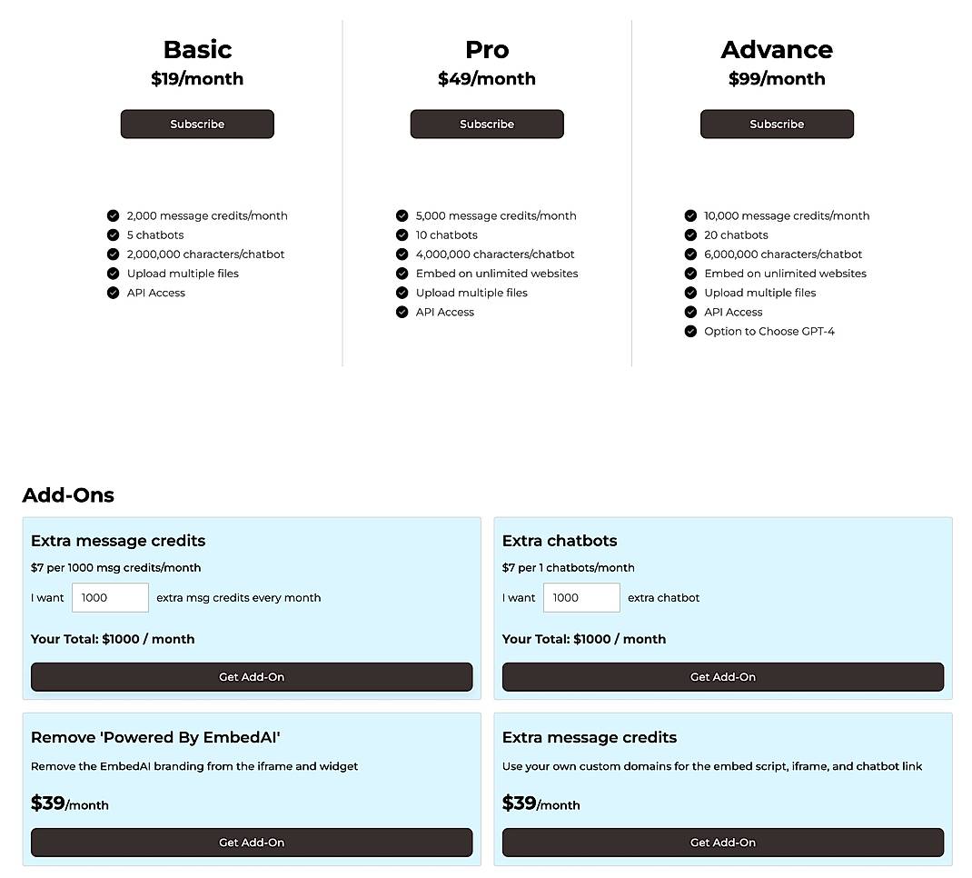 Pricing screenshot