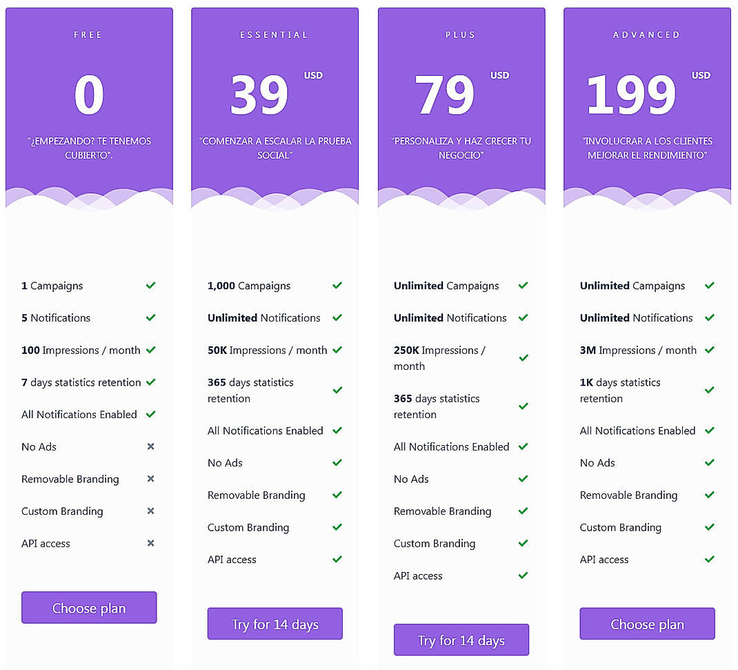 Pricing screenshot