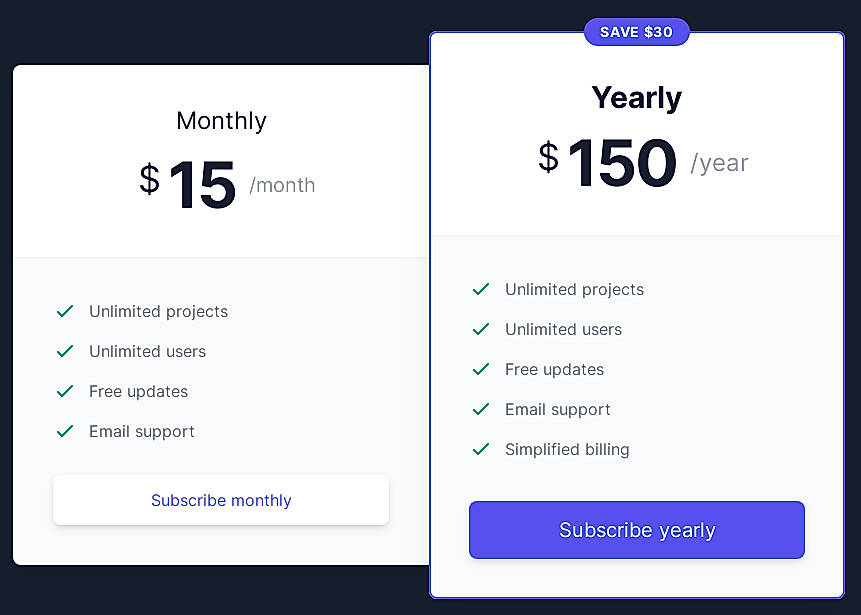 Pricing screenshot