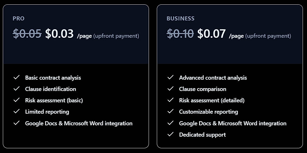 Pricing screenshot