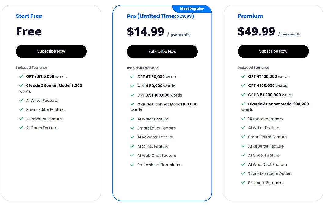 Pricing screenshot