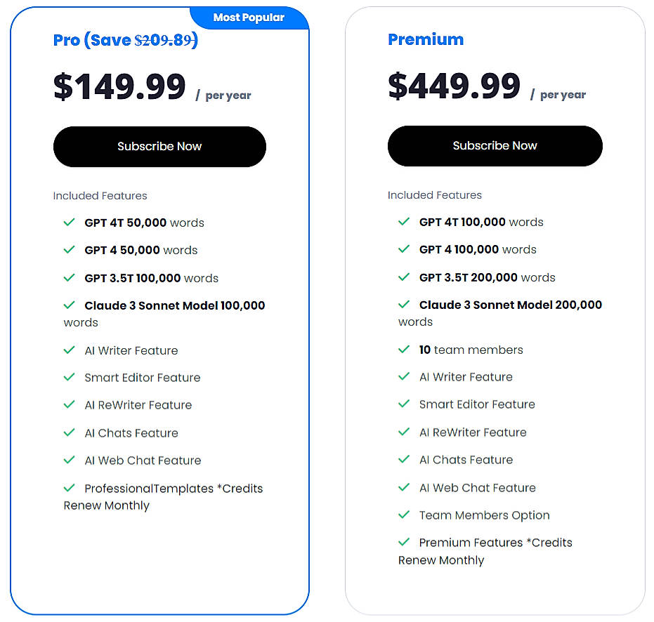 Pricing screenshot
