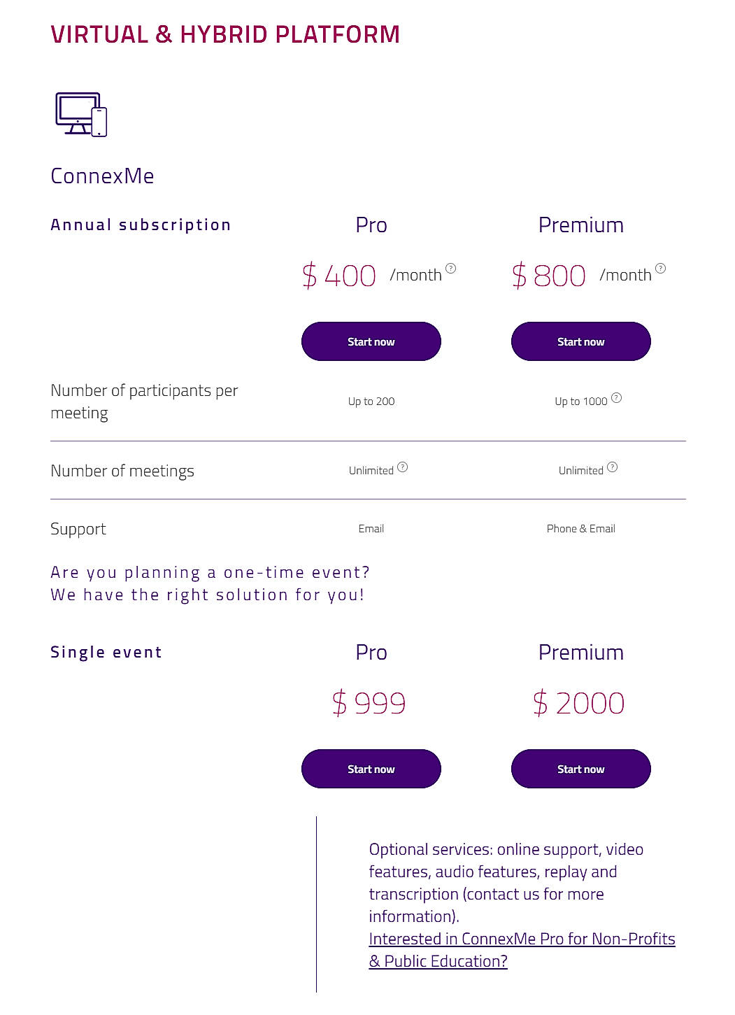 Pricing screenshot
