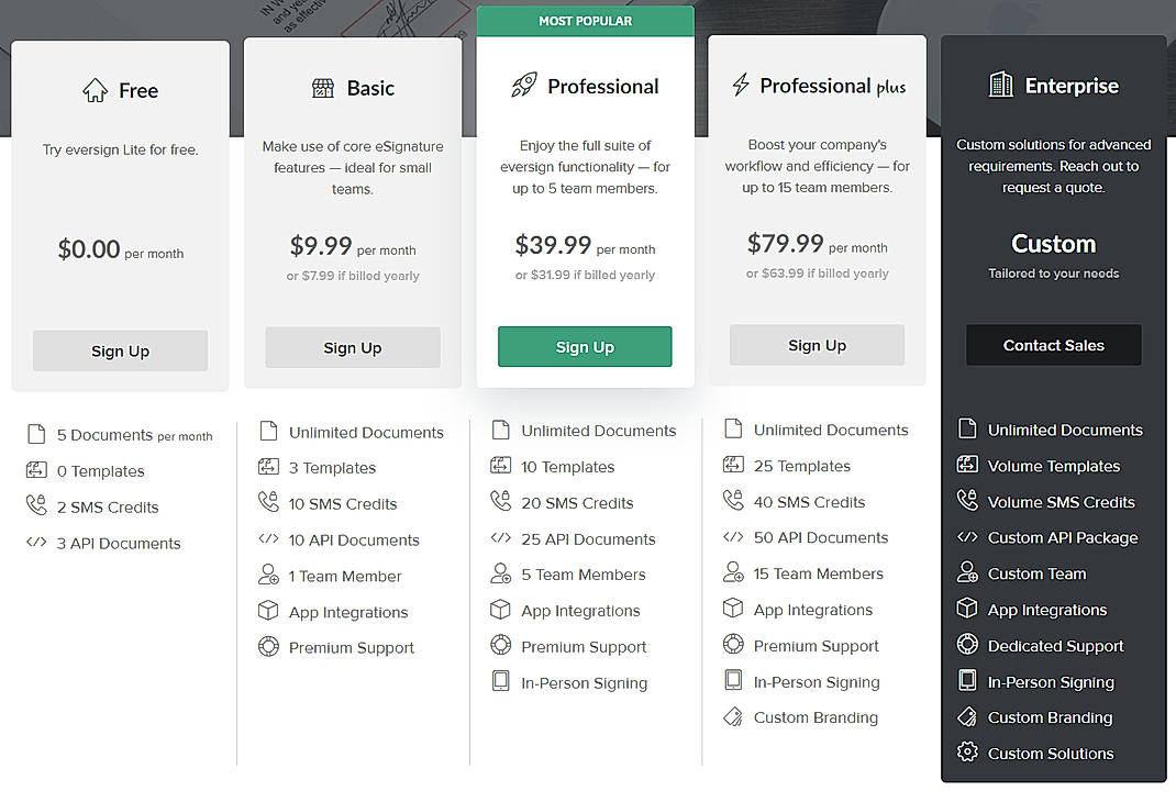 Pricing screenshot