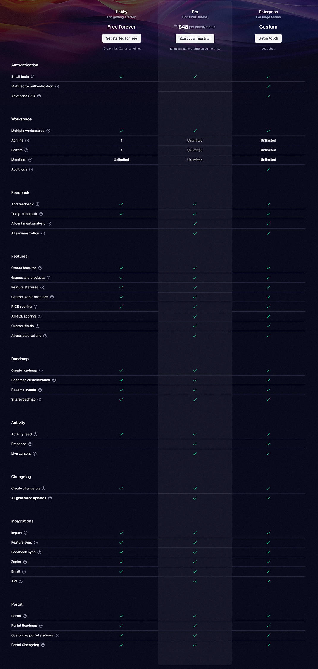 Pricing screenshot