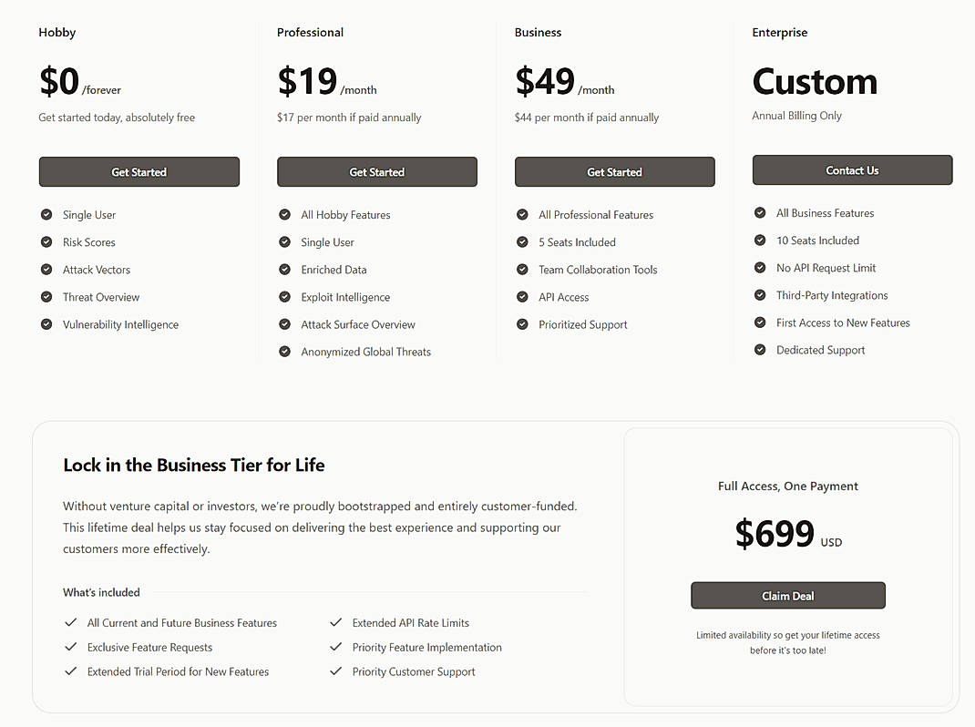 Pricing screenshot