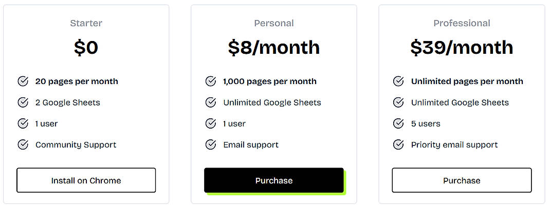 Pricing screenshot