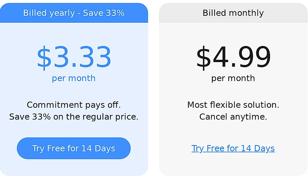 Pricing screenshot