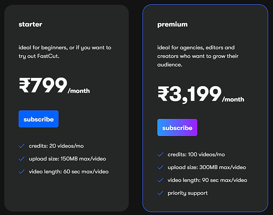Pricing screenshot