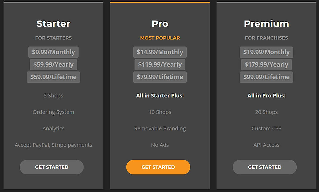 Pricing screenshot