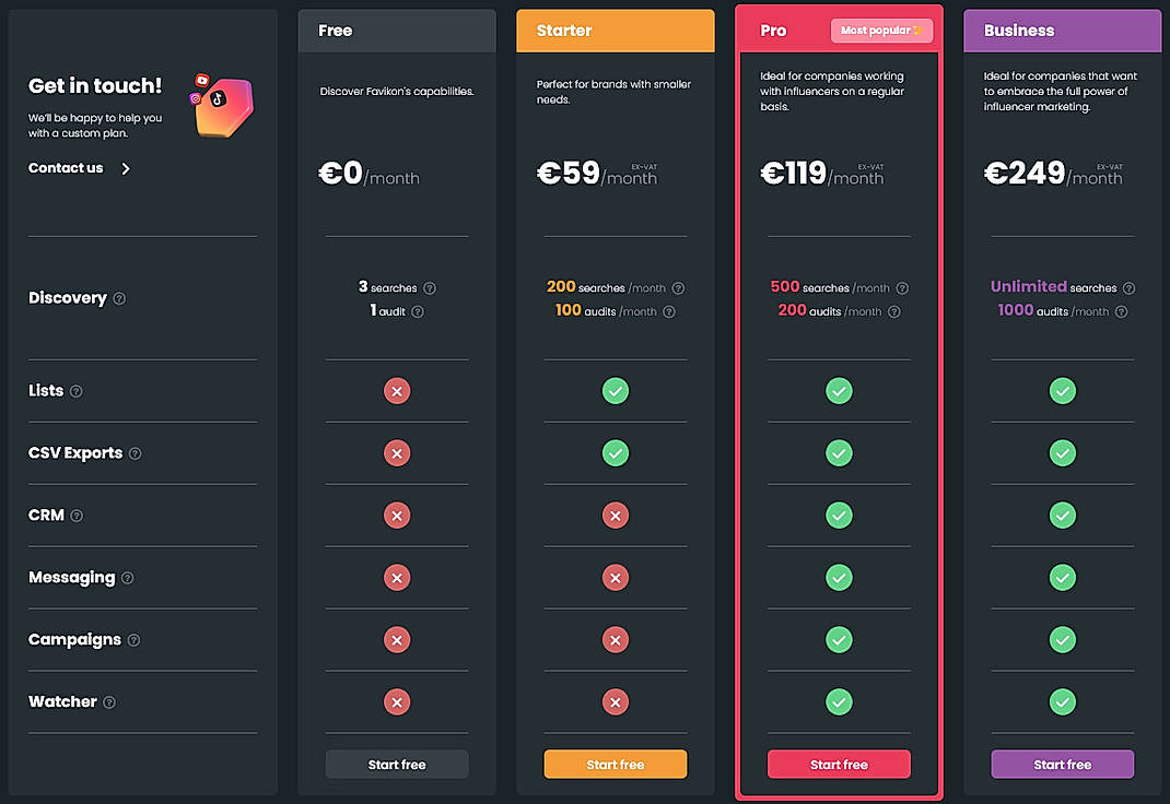 Pricing screenshot