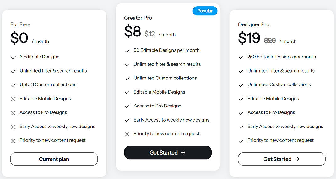 Pricing screenshot