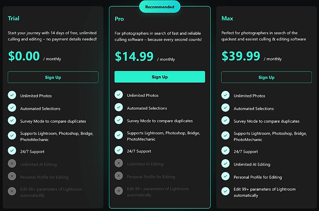 Pricing screenshot