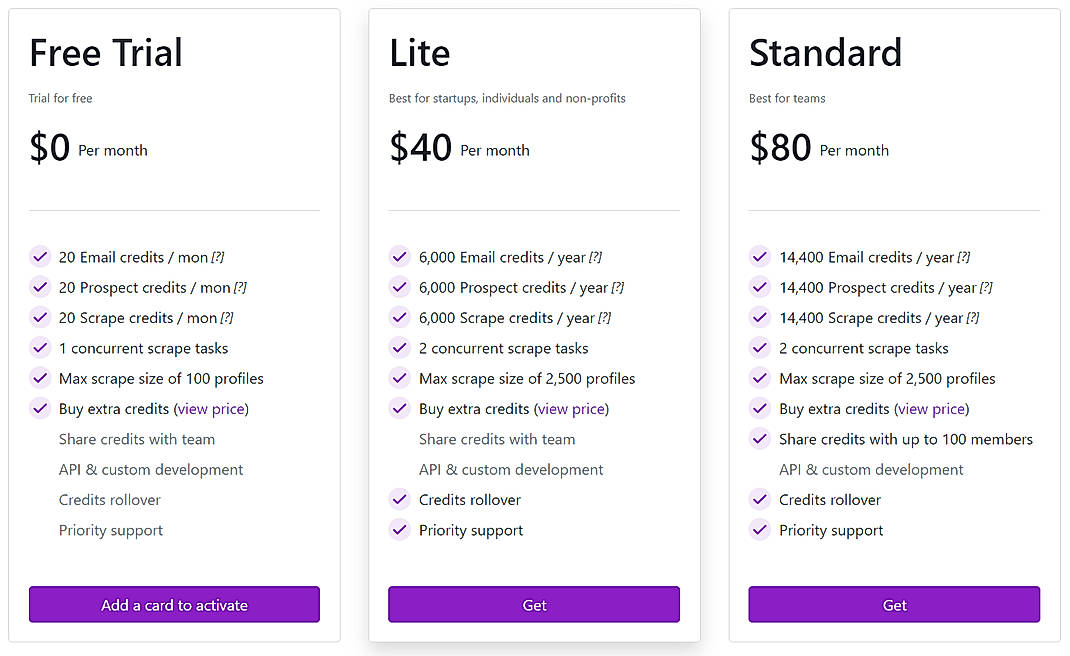 Pricing screenshot