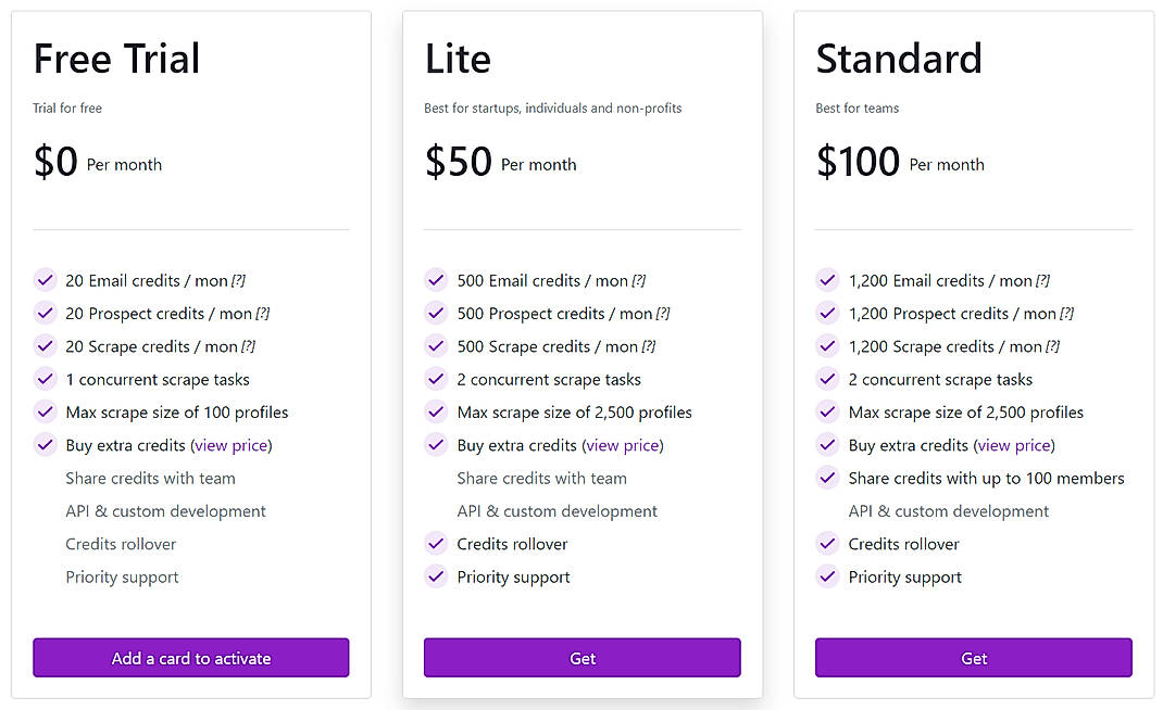 Pricing screenshot