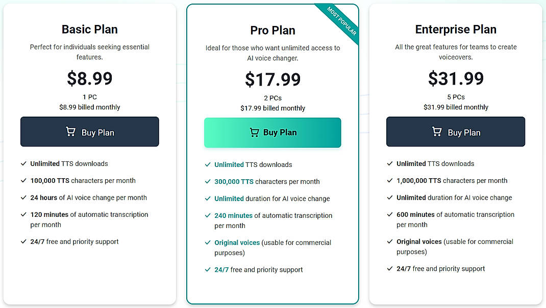 Pricing screenshot