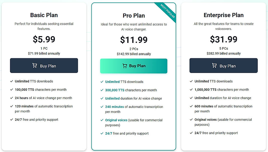 Pricing screenshot