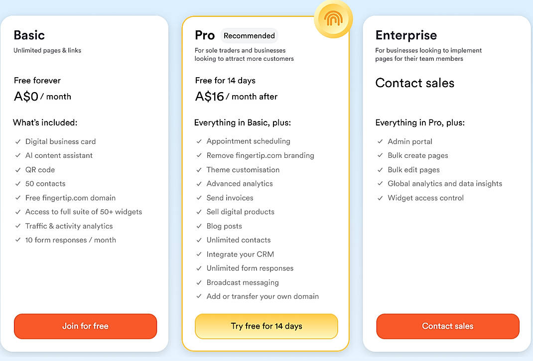 Pricing screenshot