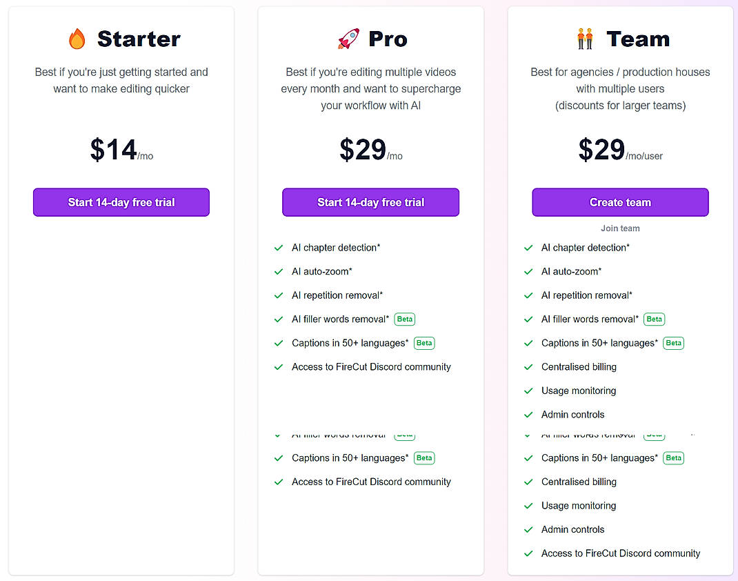 Pricing screenshot