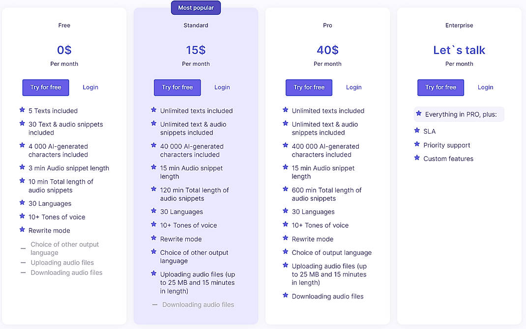 Pricing screenshot