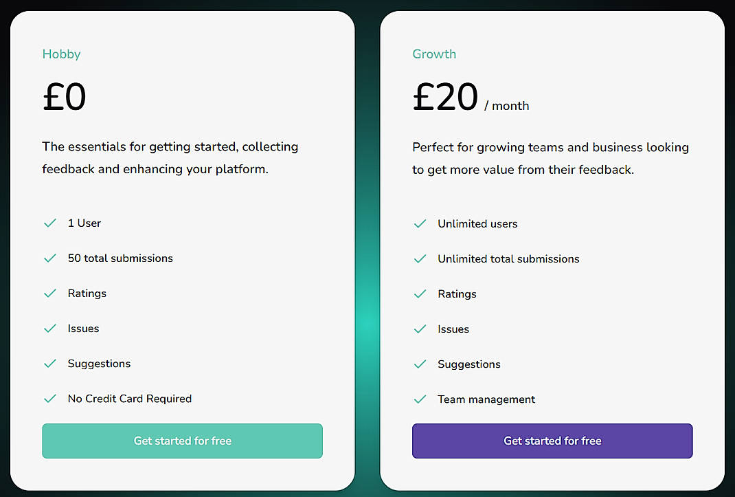 Pricing screenshot