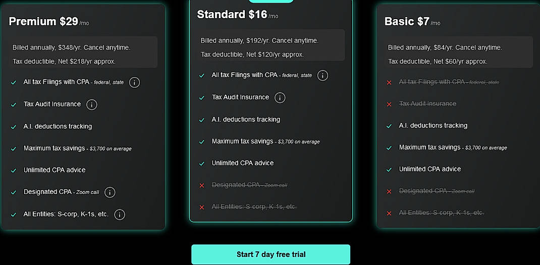 Pricing screenshot