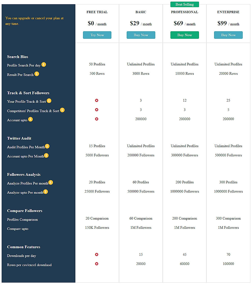 Pricing screenshot