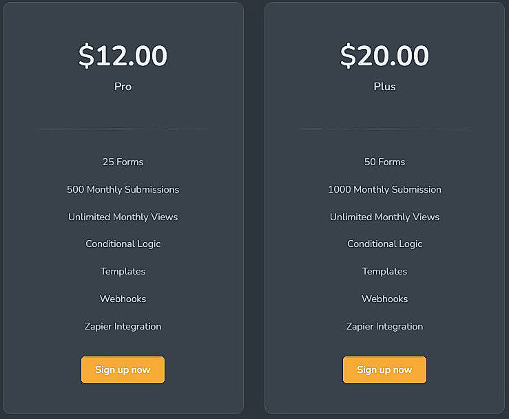 Pricing screenshot