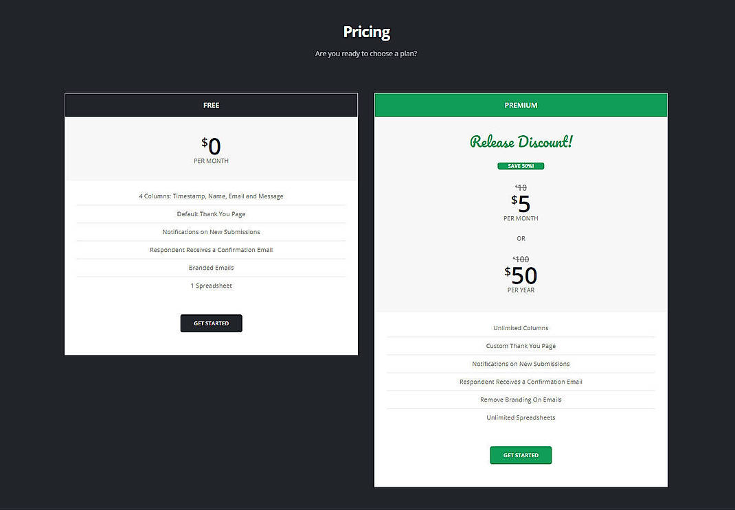 Pricing screenshot