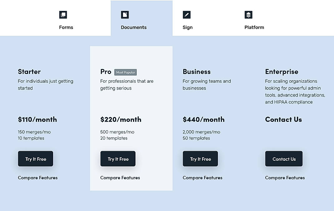Pricing screenshot