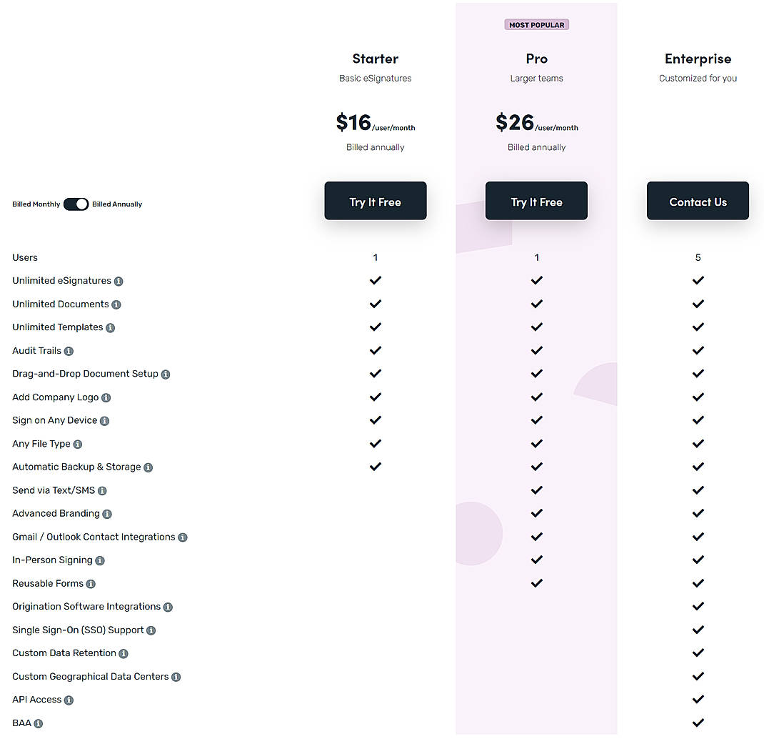 Pricing screenshot