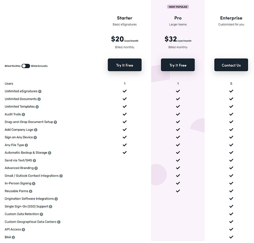 Pricing screenshot