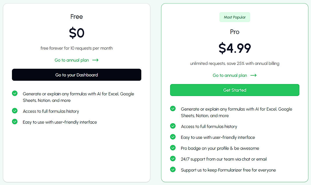 Pricing screenshot
