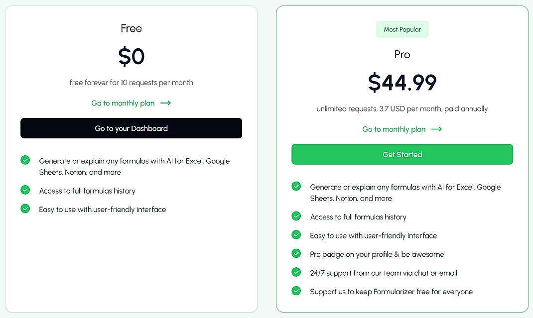Pricing screenshot