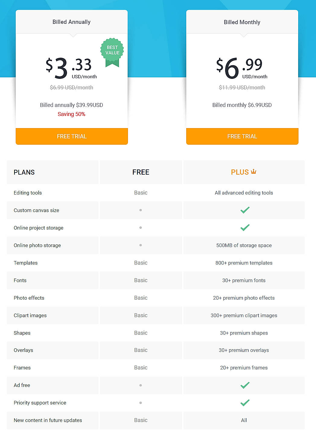 Pricing screenshot