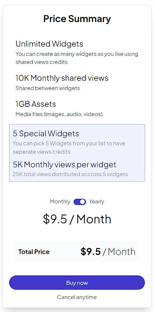 Pricing screenshot