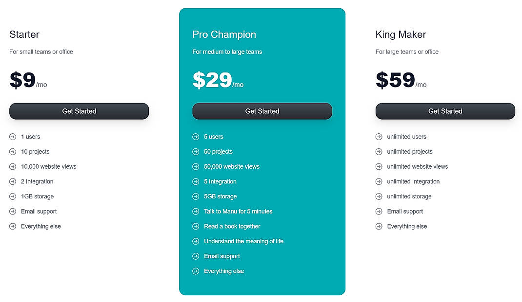 Pricing screenshot