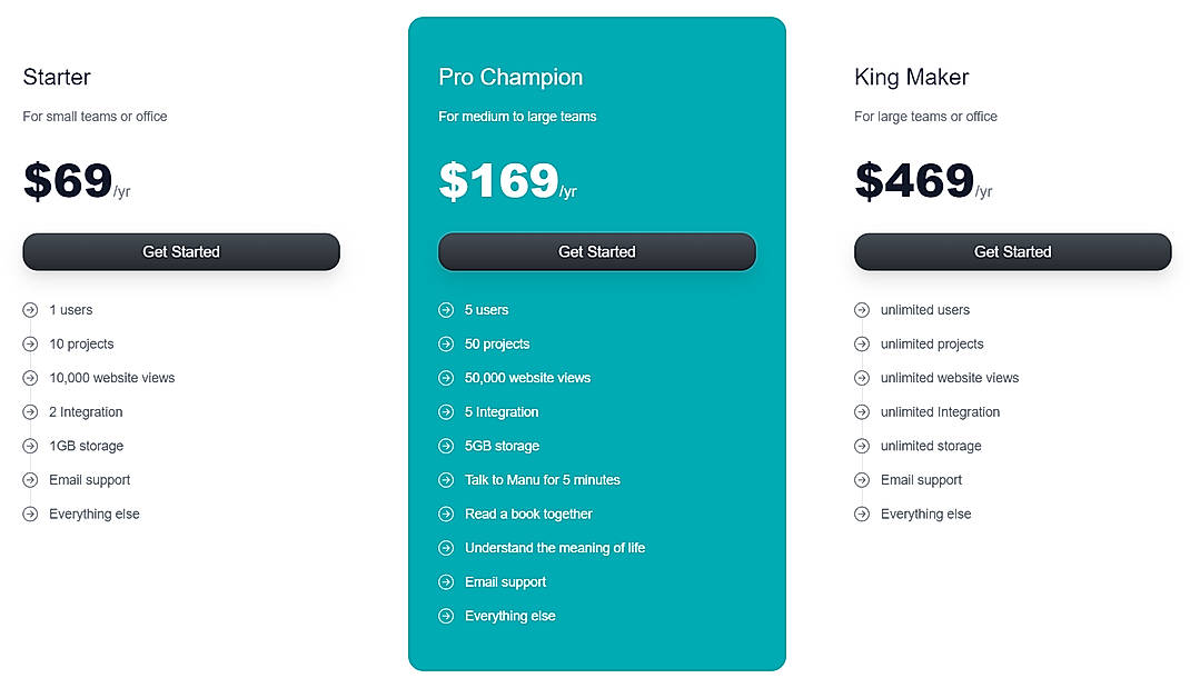 Pricing screenshot