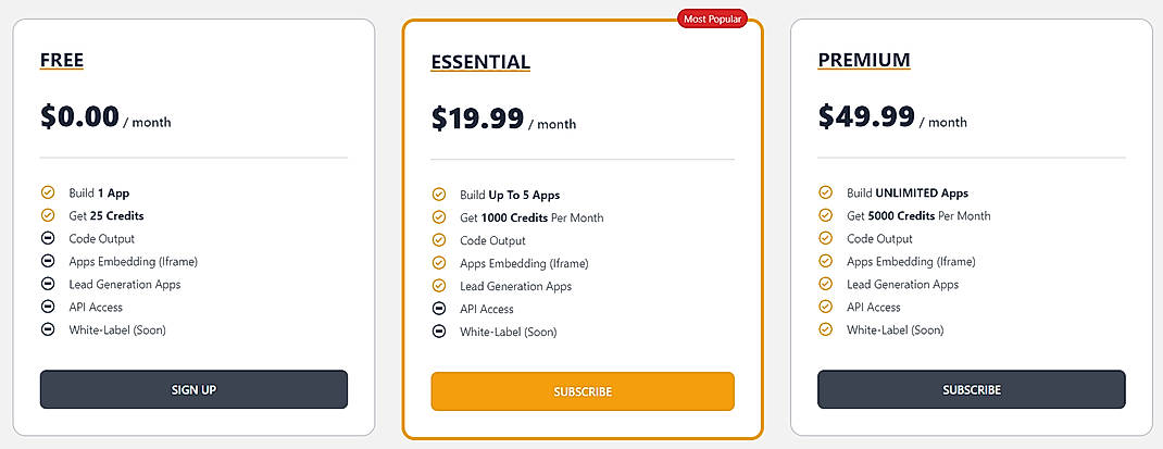 Pricing screenshot